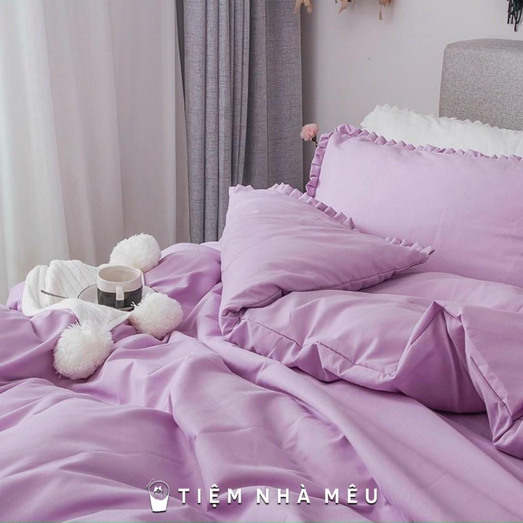 Bộ Chăn Ga Gốim6/m8/2m -Tiệm Nhà MêuSet 4 Món 2 Vỏ gối ,drap , vỏ chăn Cotton TC Viền Bèo Trơn Dễ Thương Cao Cấp