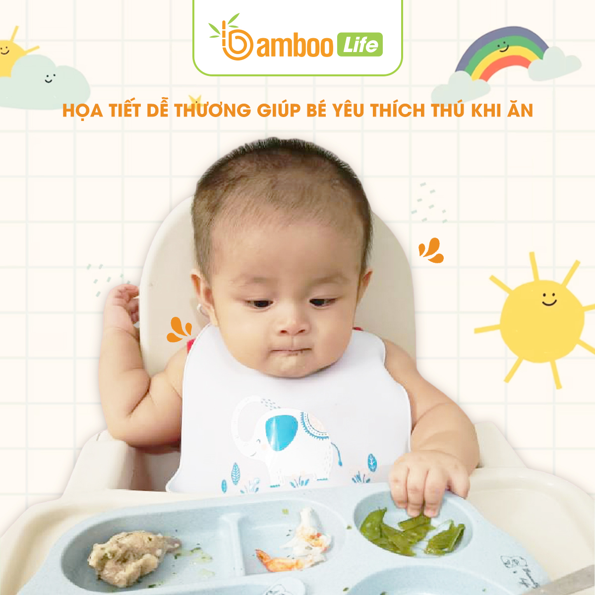 Yếm ăn dặm cho bé Bamboo Life BL068 hàng chính hãng Yếm ăn dặm silicon Yếm ăn dặm có máng chống bám bẩn Đồ dùng ăn dặm cho bé