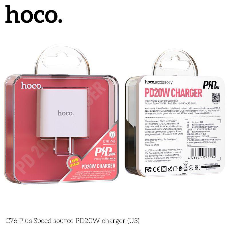 Cốc sạc nhanh chân dẹt Hoco C76 Plus hỗ trợ Type-C PD20W (Trắng) - Nhất Tín Computer