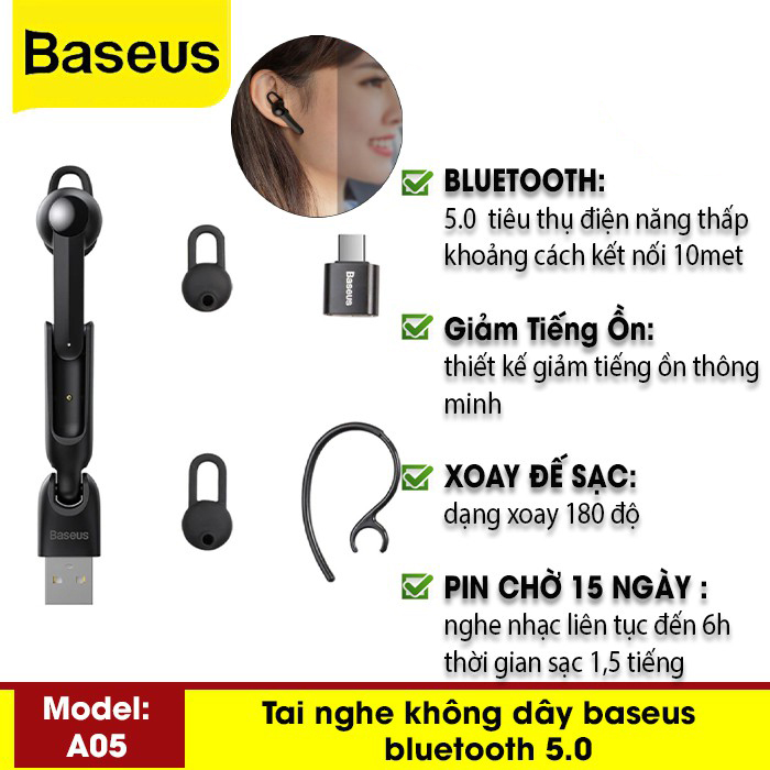 Tai Nghe Không Dây Baseus Encok A05 Bluetooth 5.0 Tiện Dụng Trên Ô Tô Xe Hơi Kèm Míc Pin Chờ Đến 15 Ngày -Hàng Chính Hãng