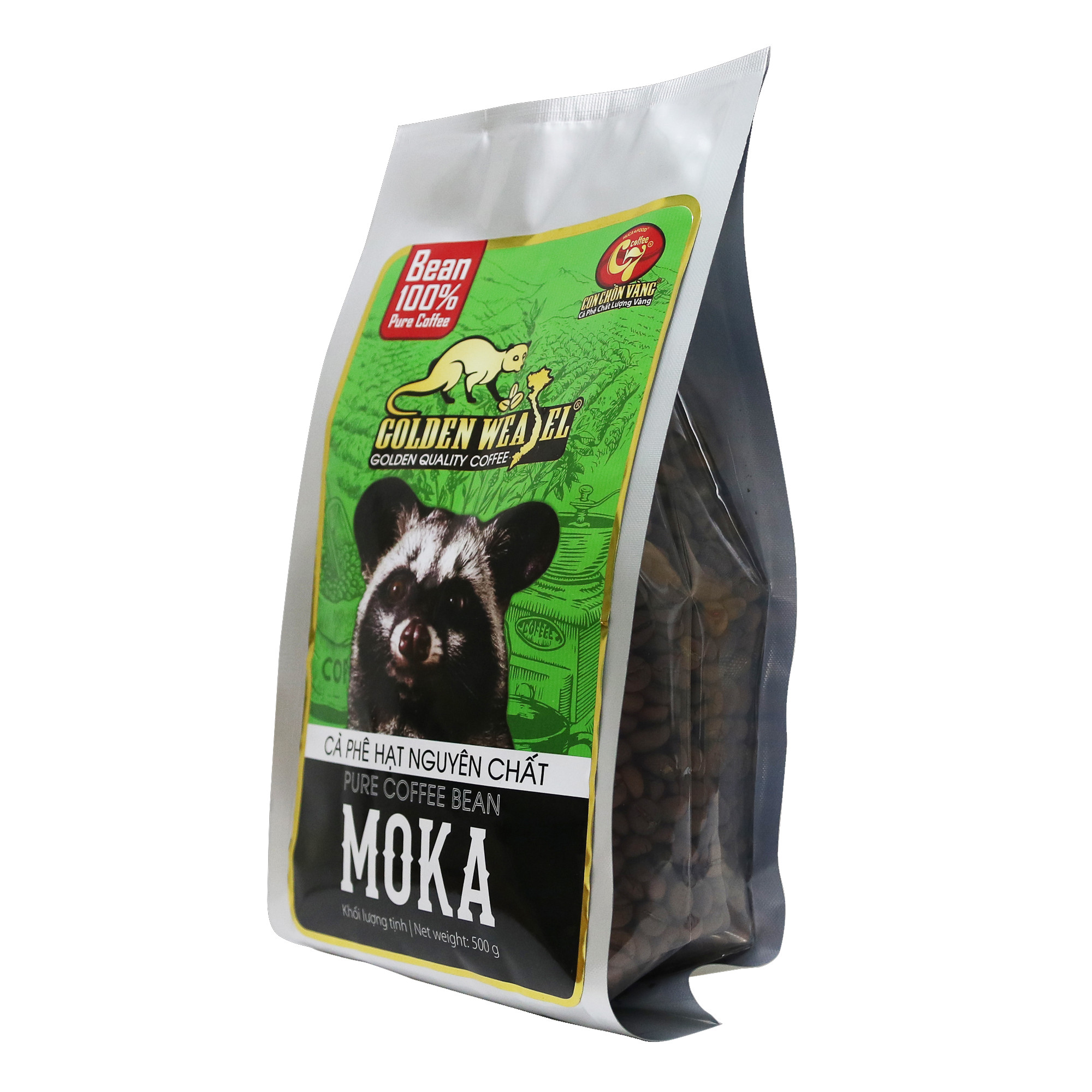 Cà Phê Hạt Moka Rang Mộc 100% Nguyên Chất Con Chồn Vàng - Túi 500Gr