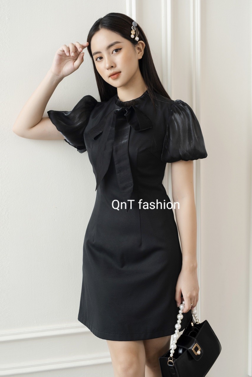 Đầm Dự Tiệc Thiết Kế-Đầm cổ tàu đính nơ phối tơ dự tiệc cao cấp cho nàng tỏa sáng