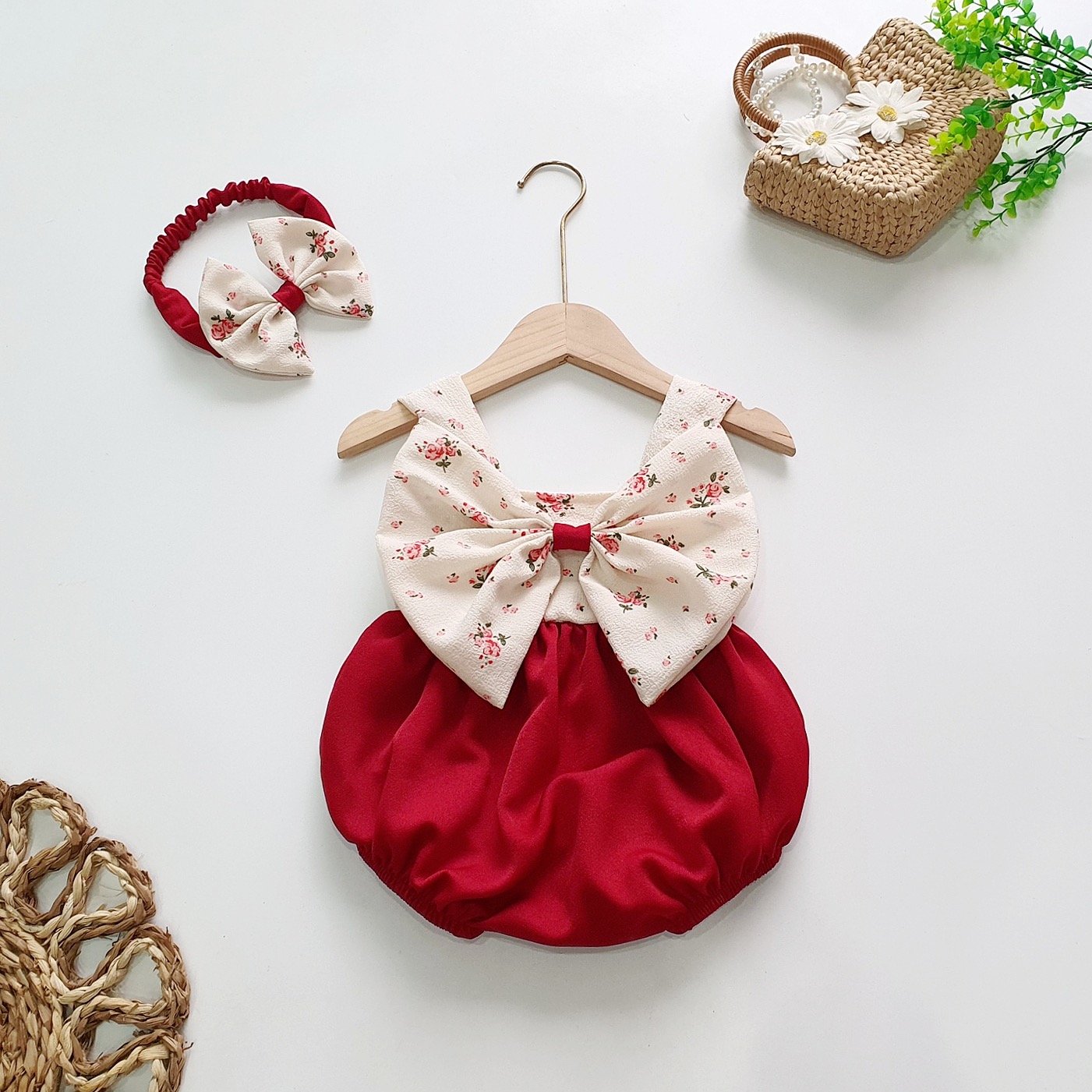 Bodysuit Nơ To Chất Đũi Cara Cho Bé Gái Gái 3 Đến 12kg, Áo Liền Quần 2 Dây Xinh Xắn