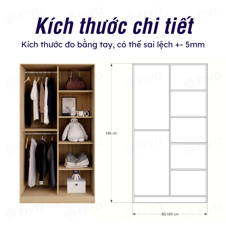 Tủ Quần Áo Gỗ FIVO FC32 Cửa Lùa Thiết Kế Nhiều Ngăn Chứa Đa Năng, Tiện Dụng - Màu Full Gỗ