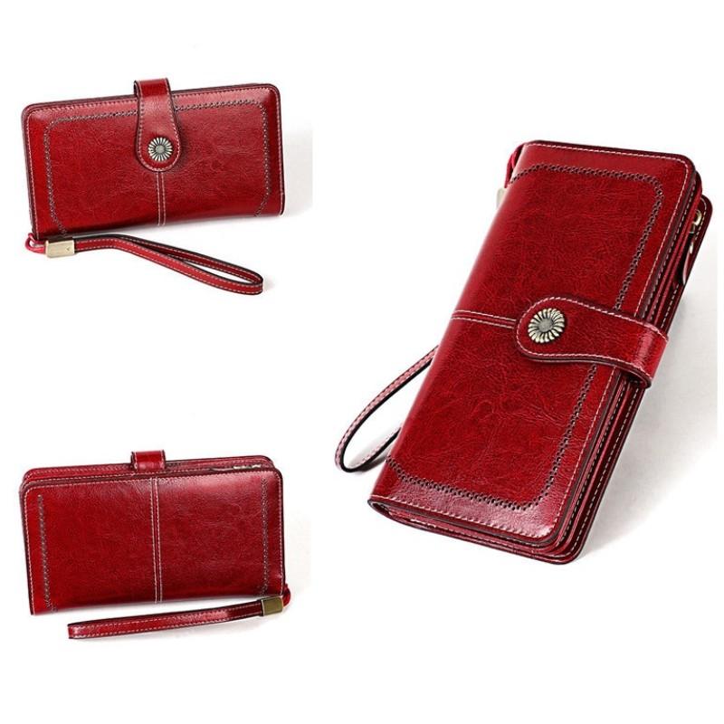 Người Phụ Nữ Ví Cowide Da Ví Retro Da Tự Nhiên Dài Dây Kéo Phối Túi Carteira Feminina Dung Tích Lớn Ví Dành Cho Nữ