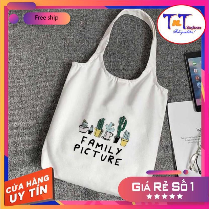 Túi tote vải canvas có khóa kéo miệng túi in hình dễ thương