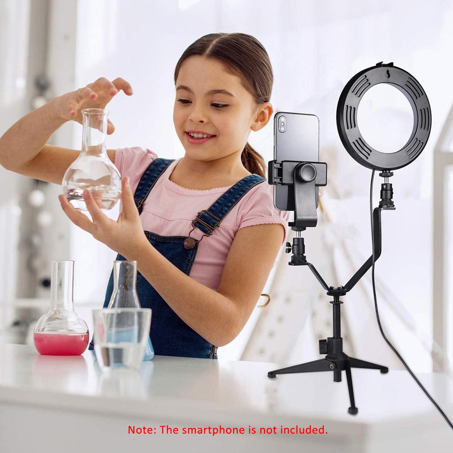 6 Inch/16cm Photography Ring Video Light Dimmable LED Fill Light Selfie Ring Light with Tripod V-shaped Bracket Phone
