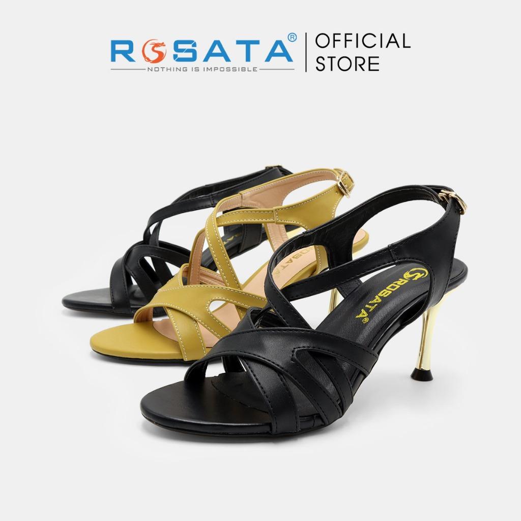 Dép sandal nữ ROSATA RO542 xỏ ngón phối dây mảnh mũi tròn quai cài hậu gót nhọn cao 7cm xuất xứ Việt Nam - Đen