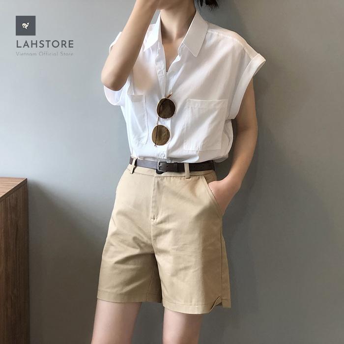Áo sơ mi thô Linen nữ form rộng cổ bẻ 2 túi ngực trẻ trung LAHSTORE, thời trang phong cách trẻ