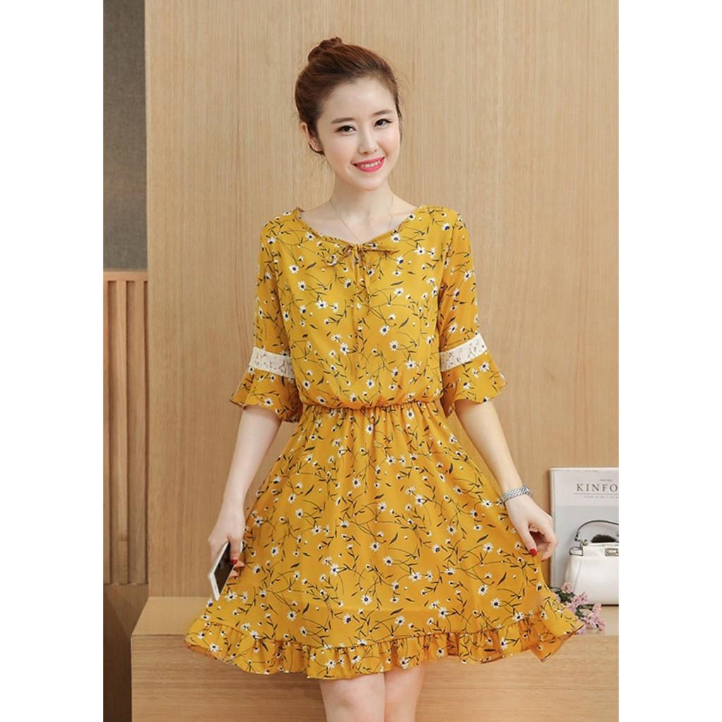 Đầm Nữ Hoa Dáng Xòe Tay Phối Ren