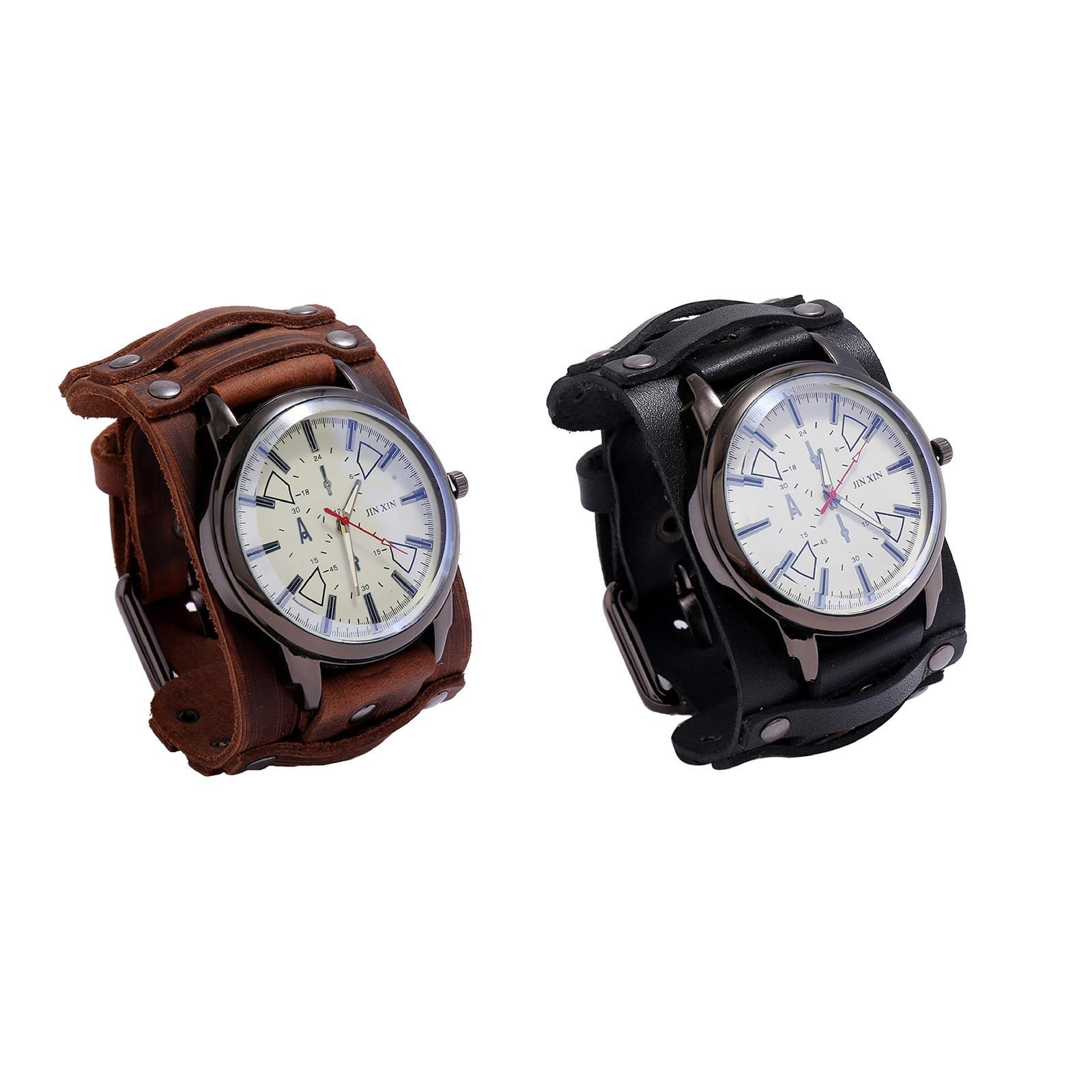 2 Pcs Retro Punk Pointer Watch Leather Wide Belt Strap Adjustable Gifts