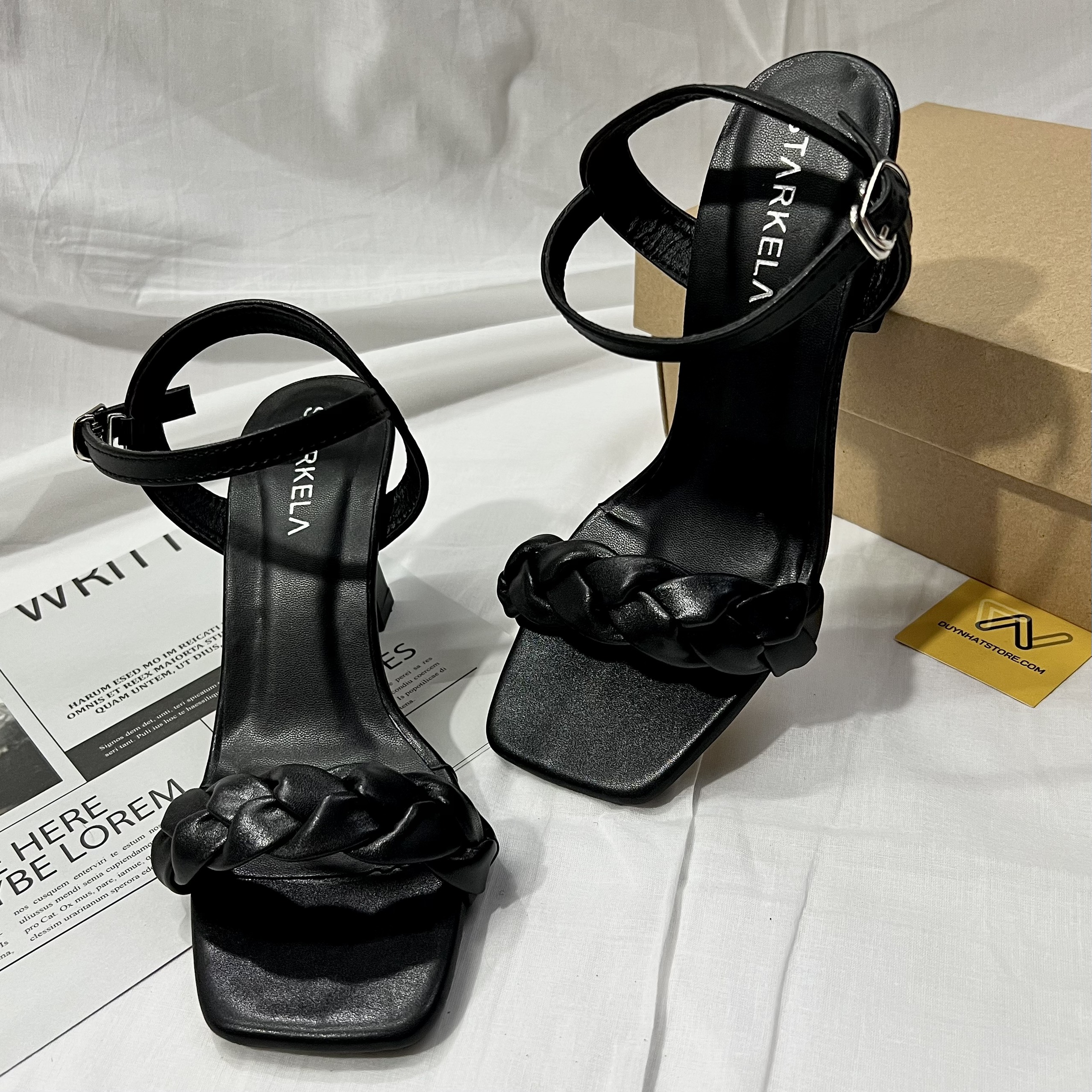 Giày Sandal Cao Gót 7cm Duy Nhật Store Phối Nơ Bính Đan Rít Nhún Gót Nhọn Da Mờ Trong Sang Trọng Thanh Lịch Màu Đen