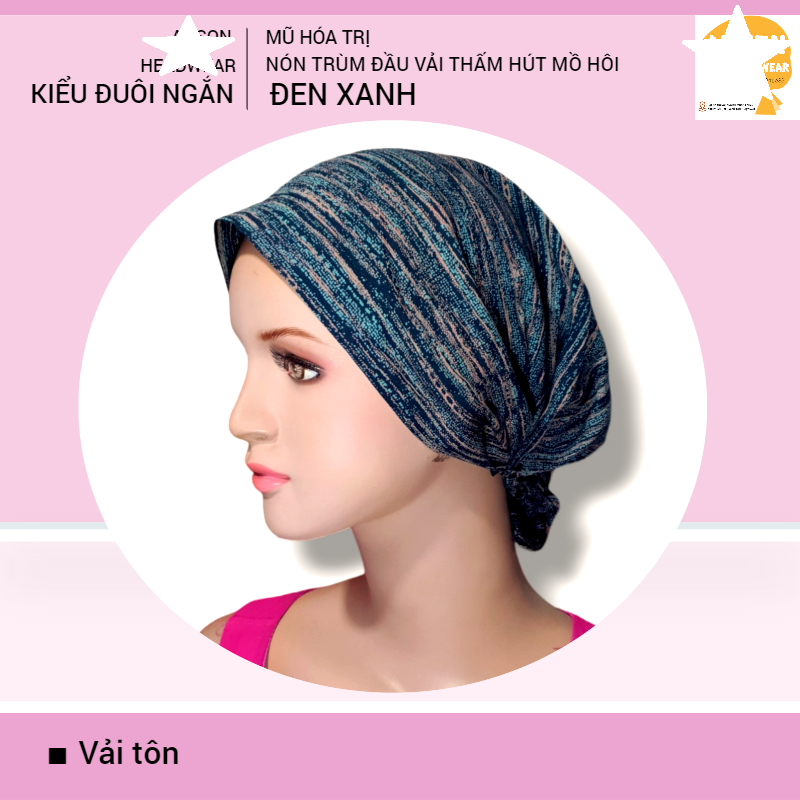 Nón hóa trị vải mềm mát, hút mồ hôi, bệnh nhân ung thư, chemo hat, nón trùm đầu [KIỂU ĐUÔI NGẮN-ĐEN XANH]