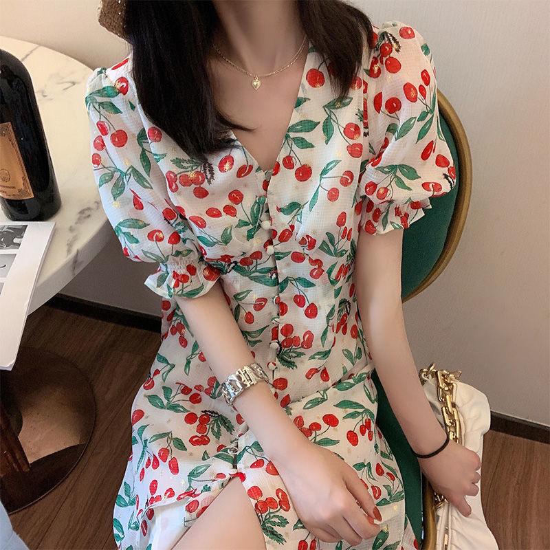 SHUANGYAN 2021 mùa hè thắt lưng ngọt ngào trà nghỉ váy nữ Pháp anh đào chiffon hoa bong bóng tay áo đầm dài