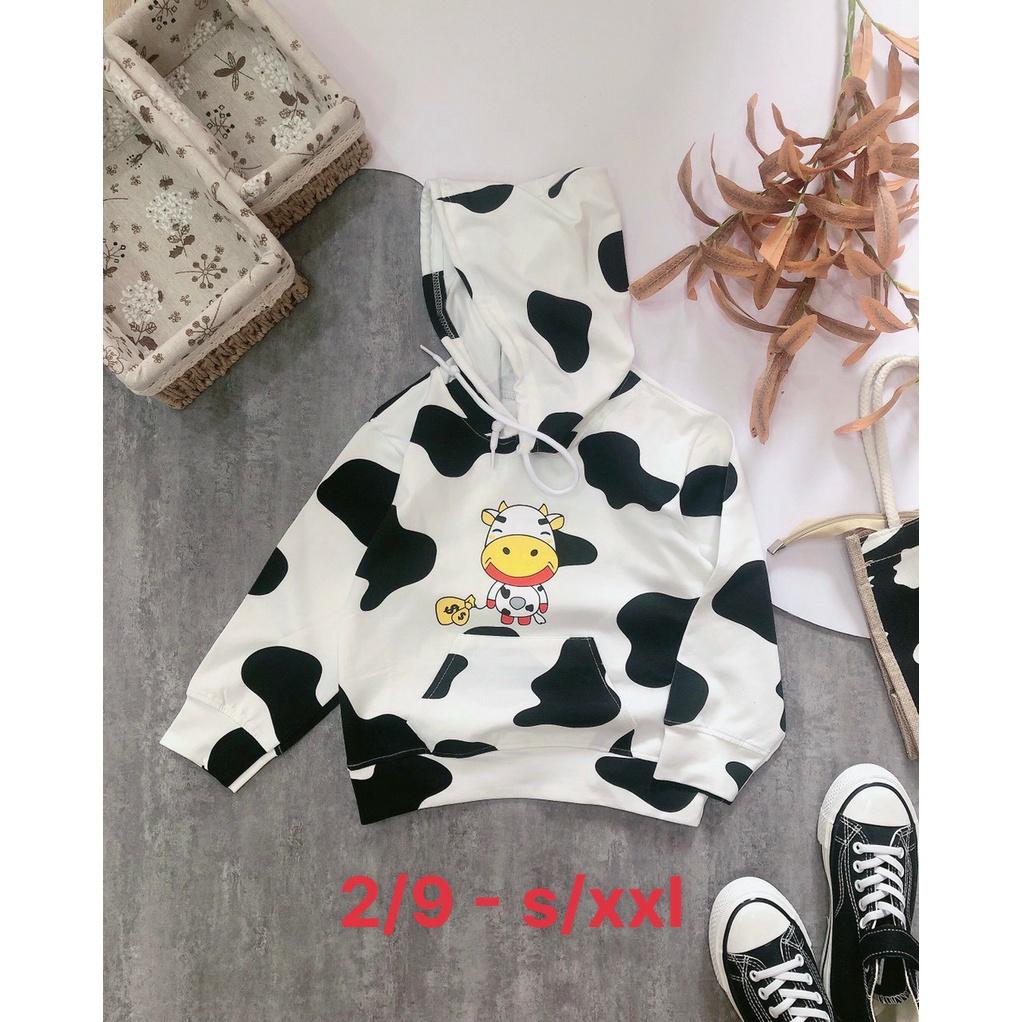 Áo thun hoodie cho bé trai và bé gái mẫu Bò sữa dễ thương size 12-55kg chất cotton 4 chiều mềm mịn mát