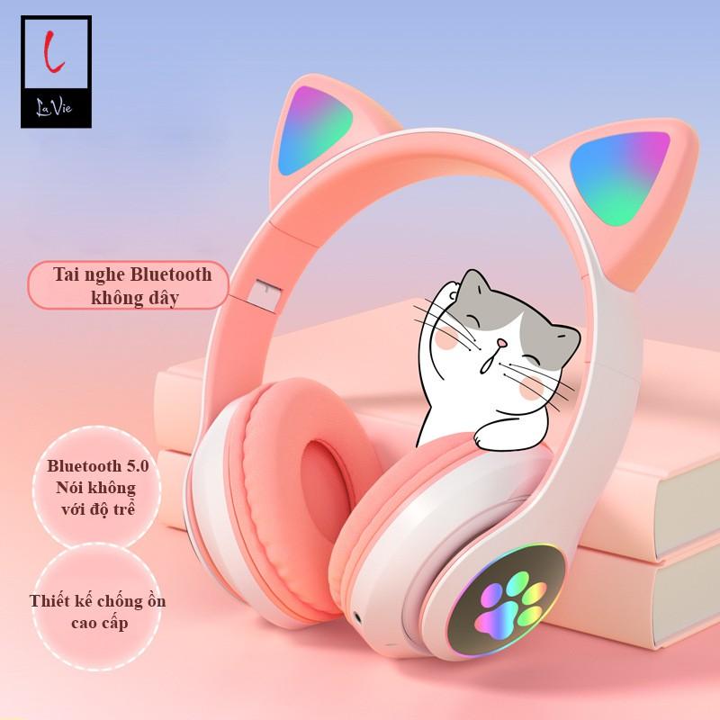 Headphone Chụp Tai Bluetooth 5.0 Có Mic tai Mèo Cute Âm Thanh Sống Động, Led Siêu Nhạy