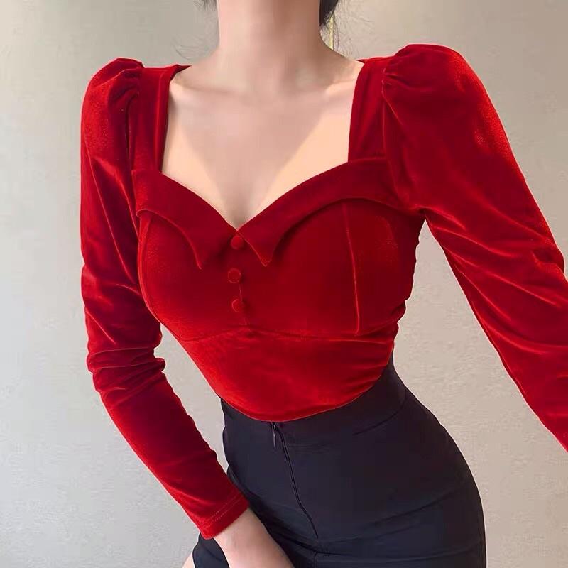 Áo nhung dài tay cổ vuông cúp ngực T0260