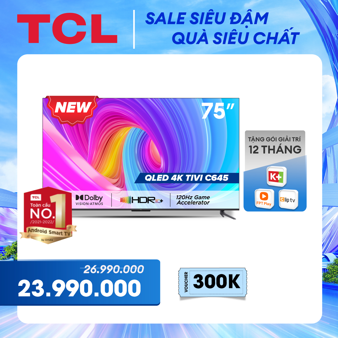 [SẢN PHẨM MỚI 2023 - Hàng chính hãng] QLED TV 4K UHD - Tivi 75 inch - TCL 75C645 - Google TV - OK Google - tivi 75 inch chât lượng