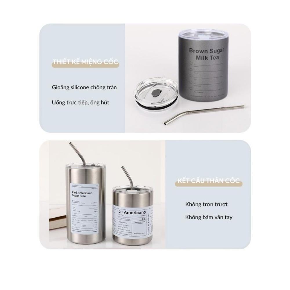 Cốc Giữ Nhiệt Iced Americano Có Ống Hút Dung Tích 600ml/ 360ml, Bình Giữ Nhiệt Inox 304 Cao Cấp, Ly Giữ Nhiệt 6-8 Tiếng