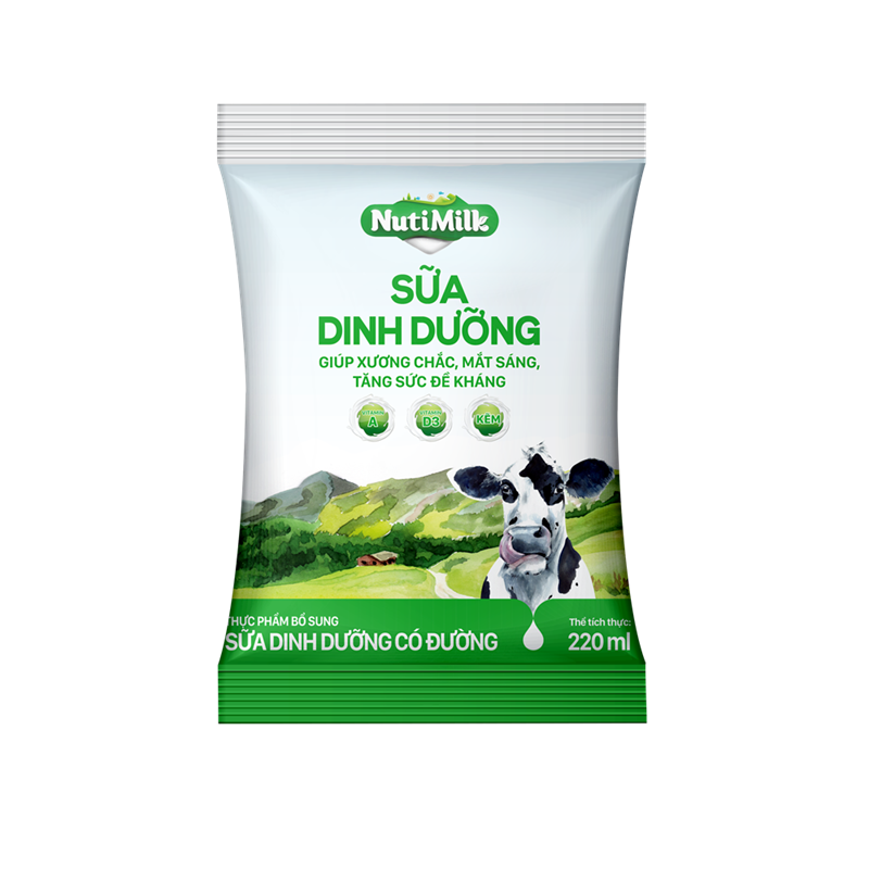 Thùng 48 Bịch NutiMilk Sữa dinh dưỡng Có đường Bịch fino 220ml TU.SDDCD220TI NUTIFOOD