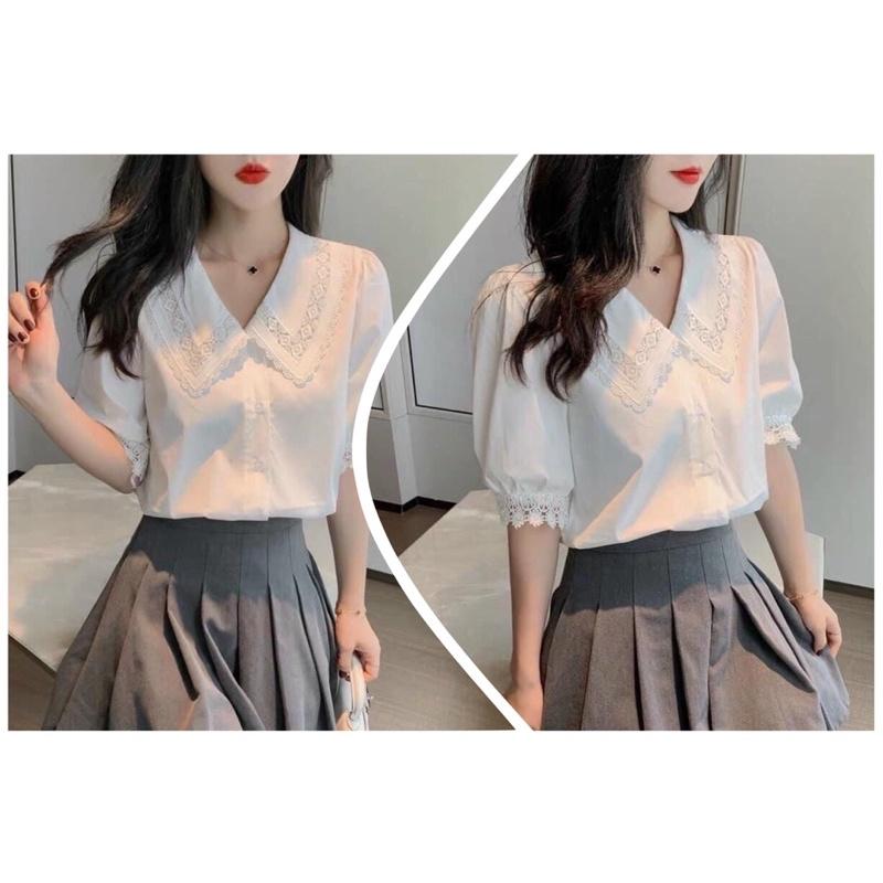 Áo sơ mi phối ren tay lỡ cổ cách điệu hàng thiết kế