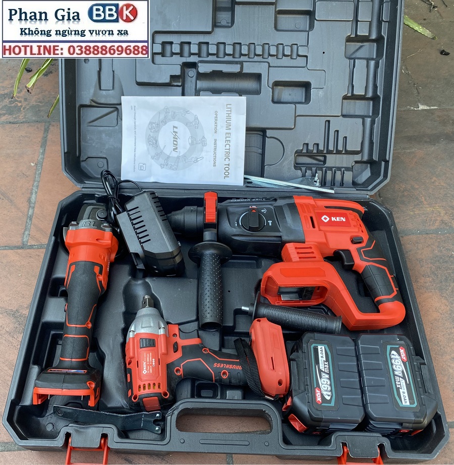Bộ Combo 3 Trong 1 Gồm Máy Siết Bulong, Máy Mài Cầm Tay Và Máy Khoan Đục Bê Tông Dùng Pin 199V, 2 Pin 15 Cell