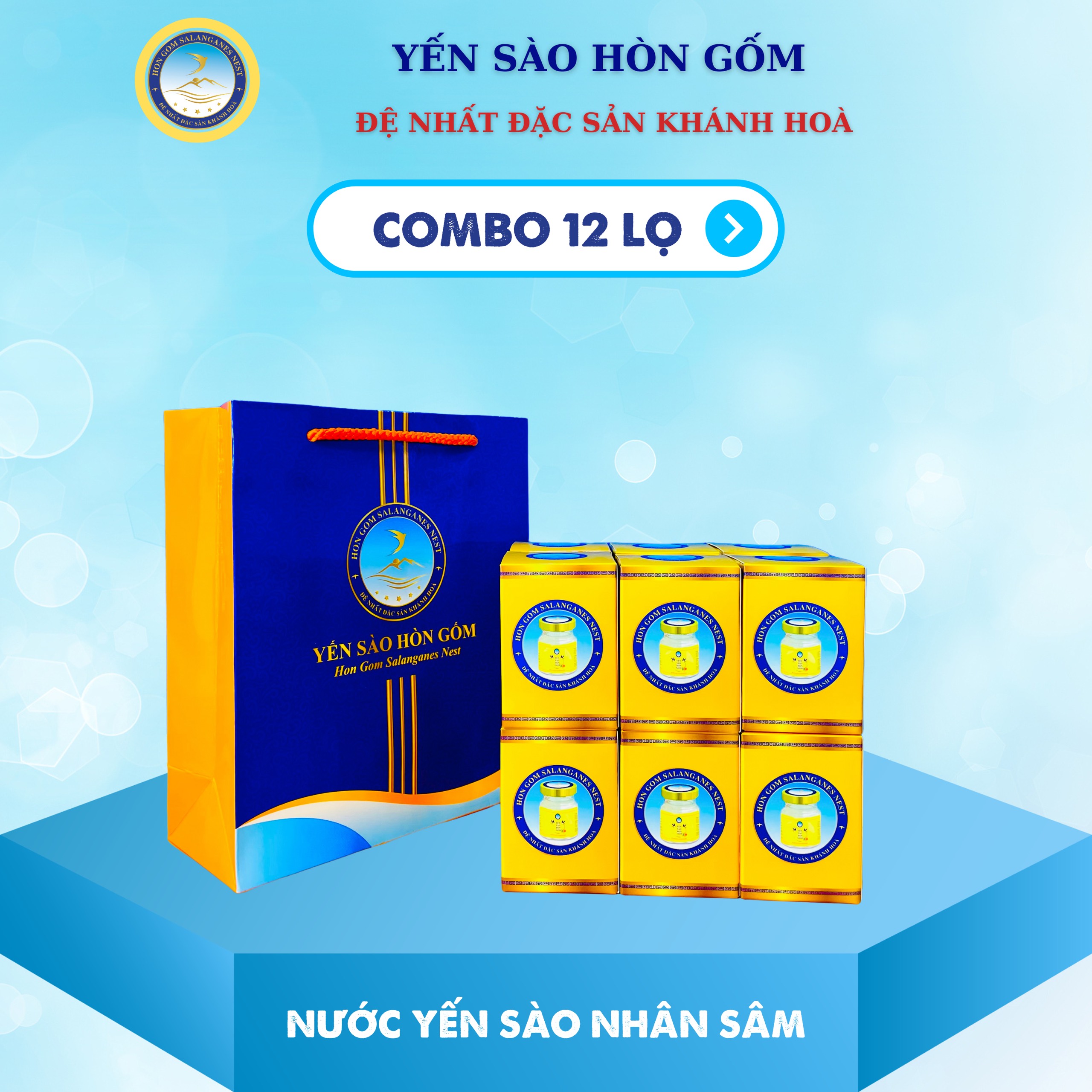 [Combo 12 lọ x 70ml] Nước Yến Sào Nhân Sâm - Yến Sào Hòn Gốm Chính Hiệu Khánh Hoà - H G SALANGANES NEST