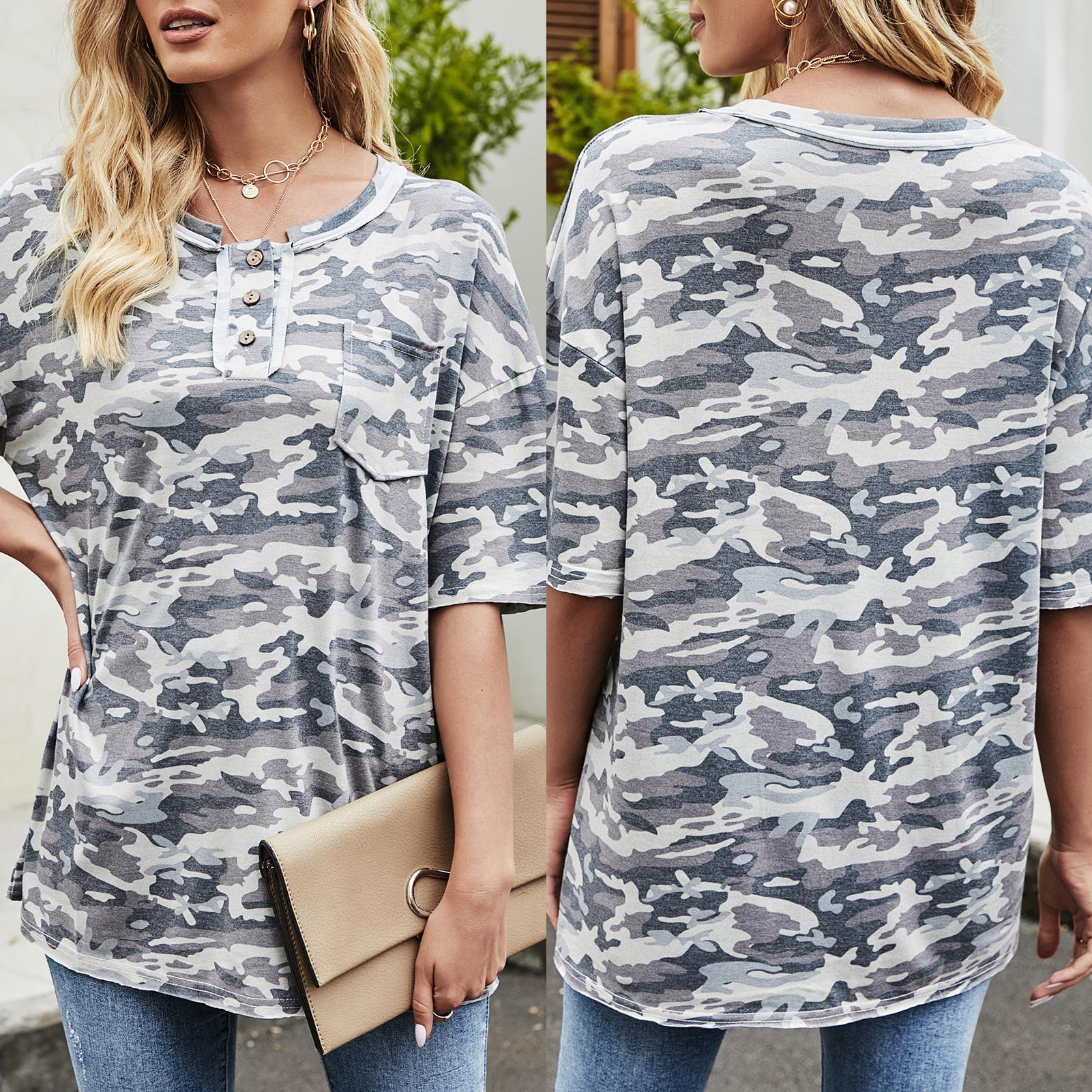 Fashion Women Camouflage Print T-shirt O Neck Short Sleeve Button Pocket Loose Casual Shirt Top