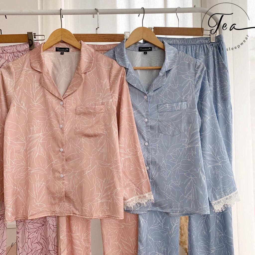 Bộ mặc nhà Pyjama lụa cao cấp Tea Store viền ren 3 màu siêu sang