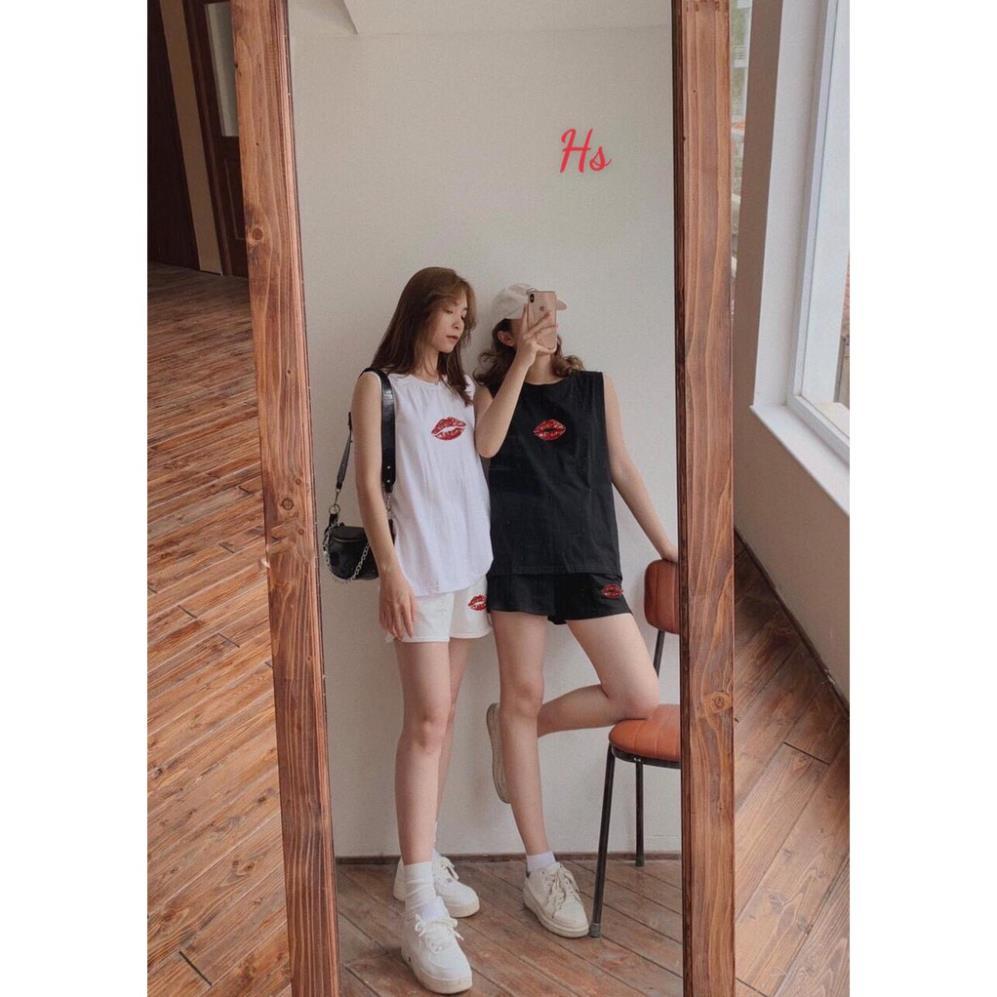 Bộ TankTop Nữ In Hình Đôi Môi ,Áo 3 Lỗ Quần Đùi Nữ Dáng Rộng 2 Màu X080
