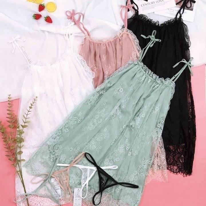 Đầm ngủ hai dây suông phối ren dễ thương