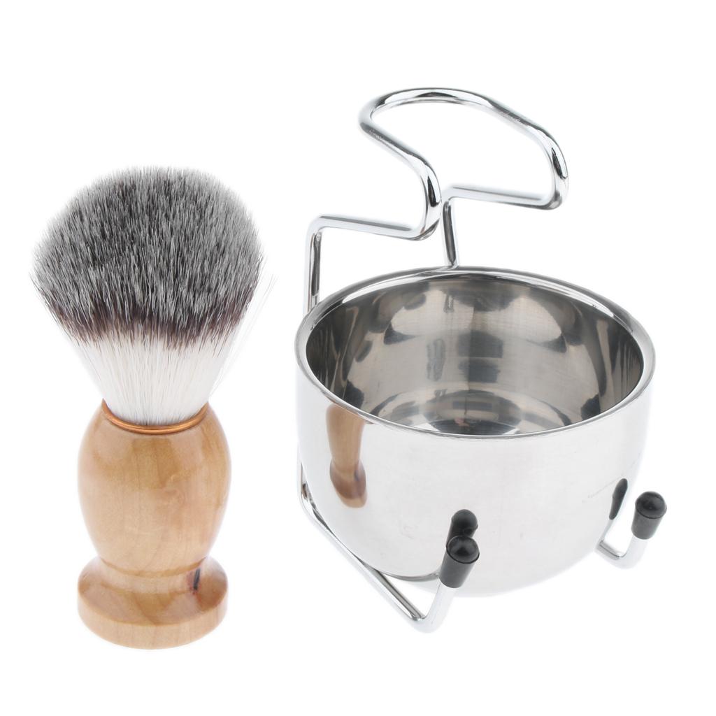 3pcs Natural Beech Wood Shaving Brush Bowl Mug Cup Stand Holder Kit For Men