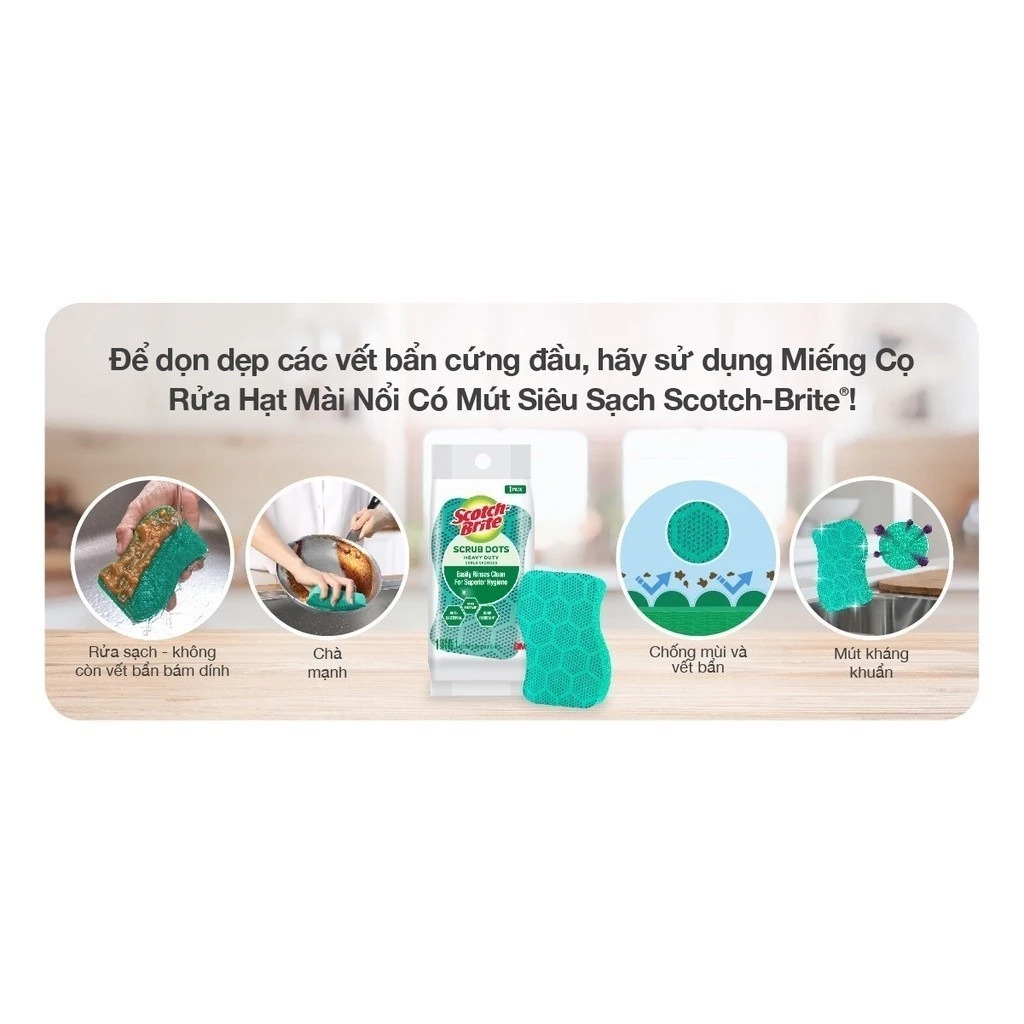 Combo 2 Miếng rửa chén hạt nổi siêu sạch 3M Scotch Brite đa năng, mút kháng khuẩn, không bám cặn bẩn gây mùi màu xanh