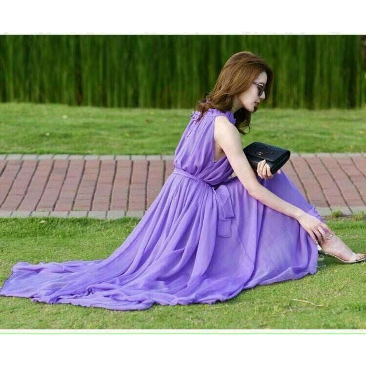 Đầm maxi dáng dài cột nơ eo hàng đẹp hai lớp