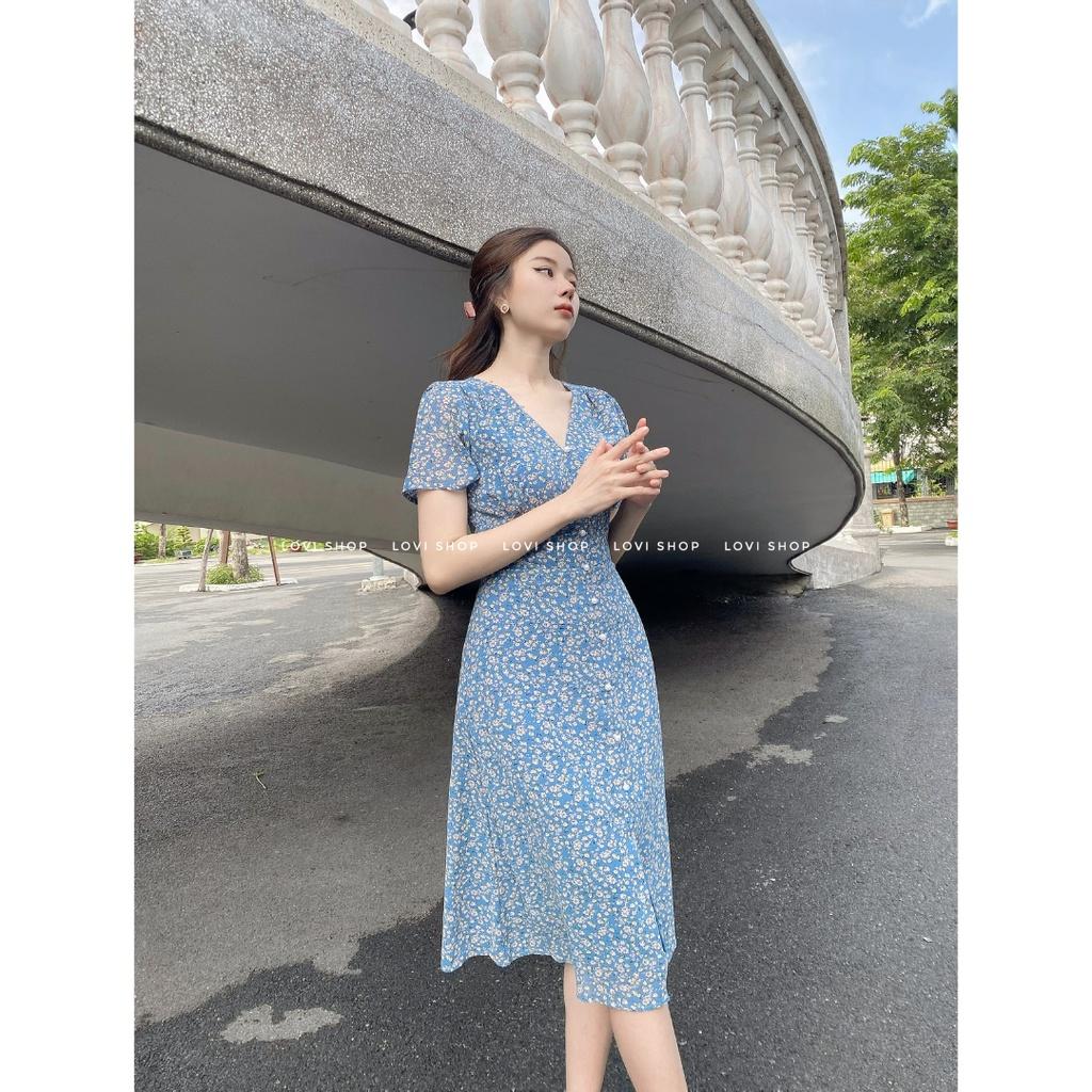 Váy đầm voan hoa nhí thiết kế nút ngọc cổ V phong cách thiểu thư vintage Lovi
