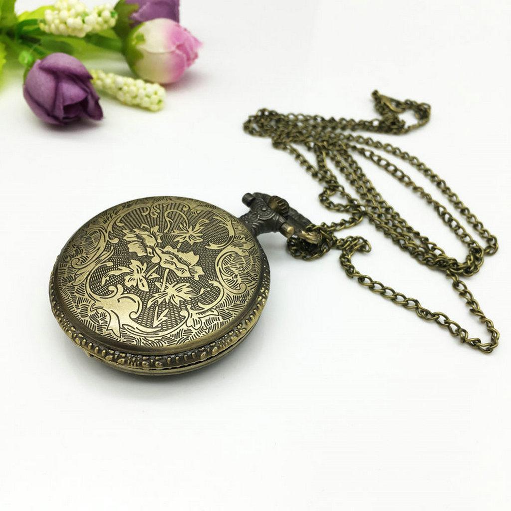 Prettyia Retro Flower Steampunk  Pocket Watch Pendant Necklace Bronze