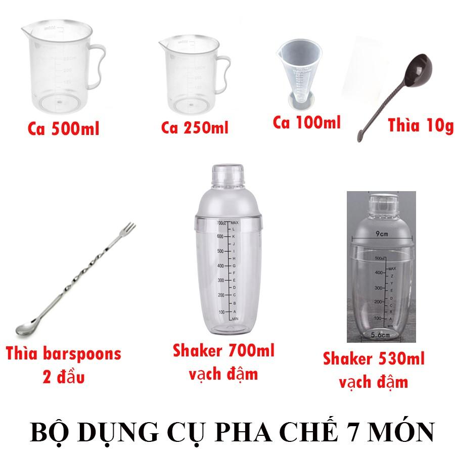 Combo bộ dụng cụ pha chế 7 món (ca 500-250-100ml, thìa nâu 10g, thìa khuấy inox, shaker 530-700ml)