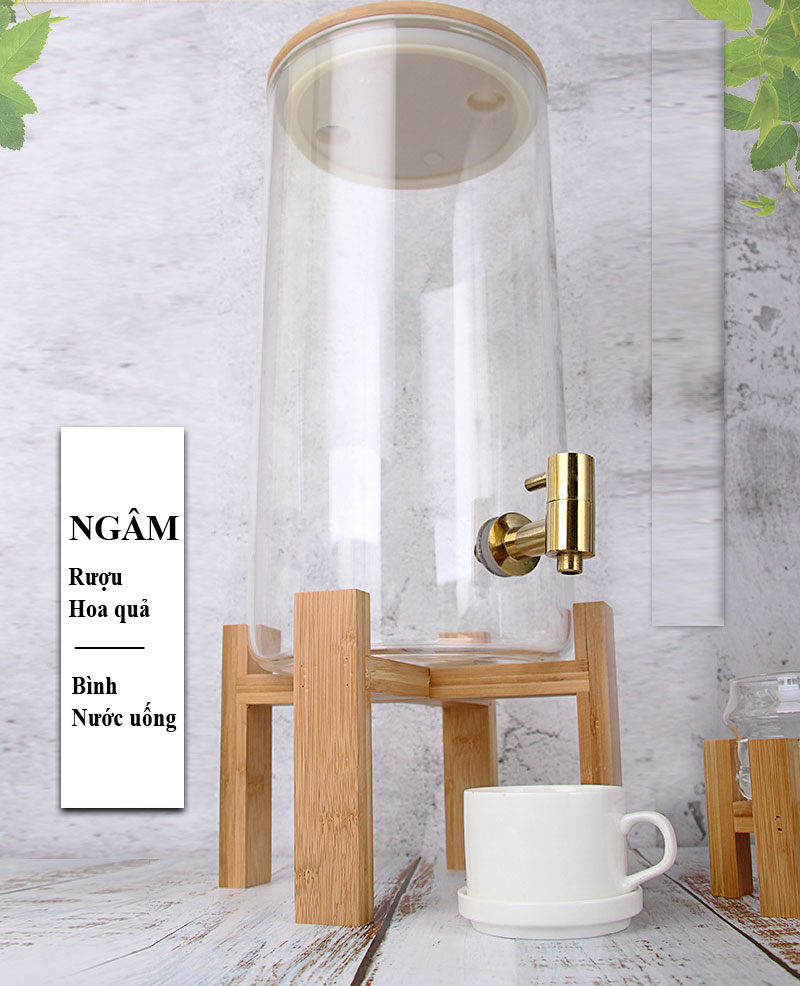 Bình thủy tinh đựng nước chịu nhiệt, bình ngâm nước trái cây có vòi kèm kệ gỗ sang trọng.