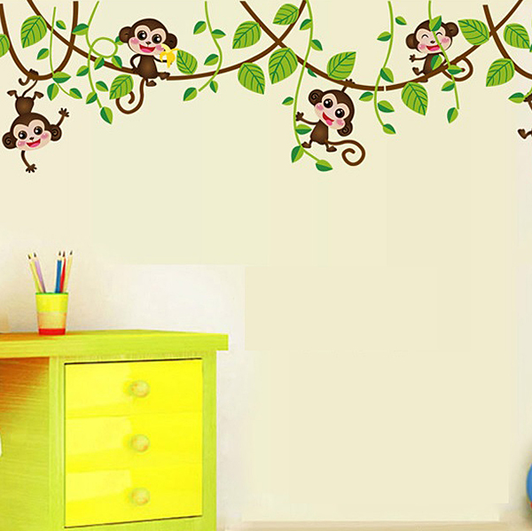 Decal Dán Tường Khỉ Con Đu Dây - 2 Bộ