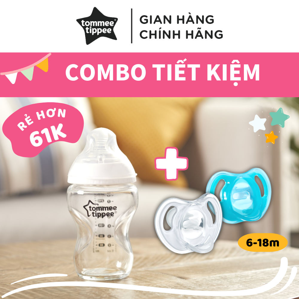 COMBO Bình sữa thủy tinh ty siêu mềm tự nhiên Tommee Tippee Closer to Nature 250ml &amp; Ty ngậm silicon siêu nhẹ cho bé Tommee Tippee Ultra Light 6-18 tháng (vỉ đôi) - Xanh dương/Trắng