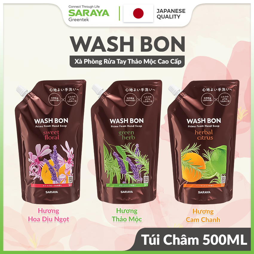 [TÚI CHÂM 500ml] Xà Phòng Rửa Tay Thảo Mộc Tạo Bọt WASH BON, Làm Sạch Và Dịu Nhẹ Với Da Tay