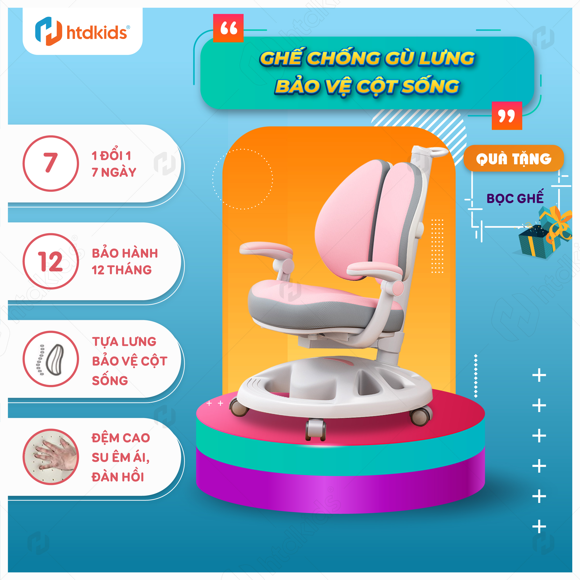 Ghế chống gù lưng cho bé cố định dáng ngồi khoa học tránh cong vẹo cột sống, Ghế học sinh tăng giảm chiều cao tựa lưng và đệm ngồi điều chỉnh phù hợp với lứa tuổi và sự phát triển của trẻ HTDkids CM089