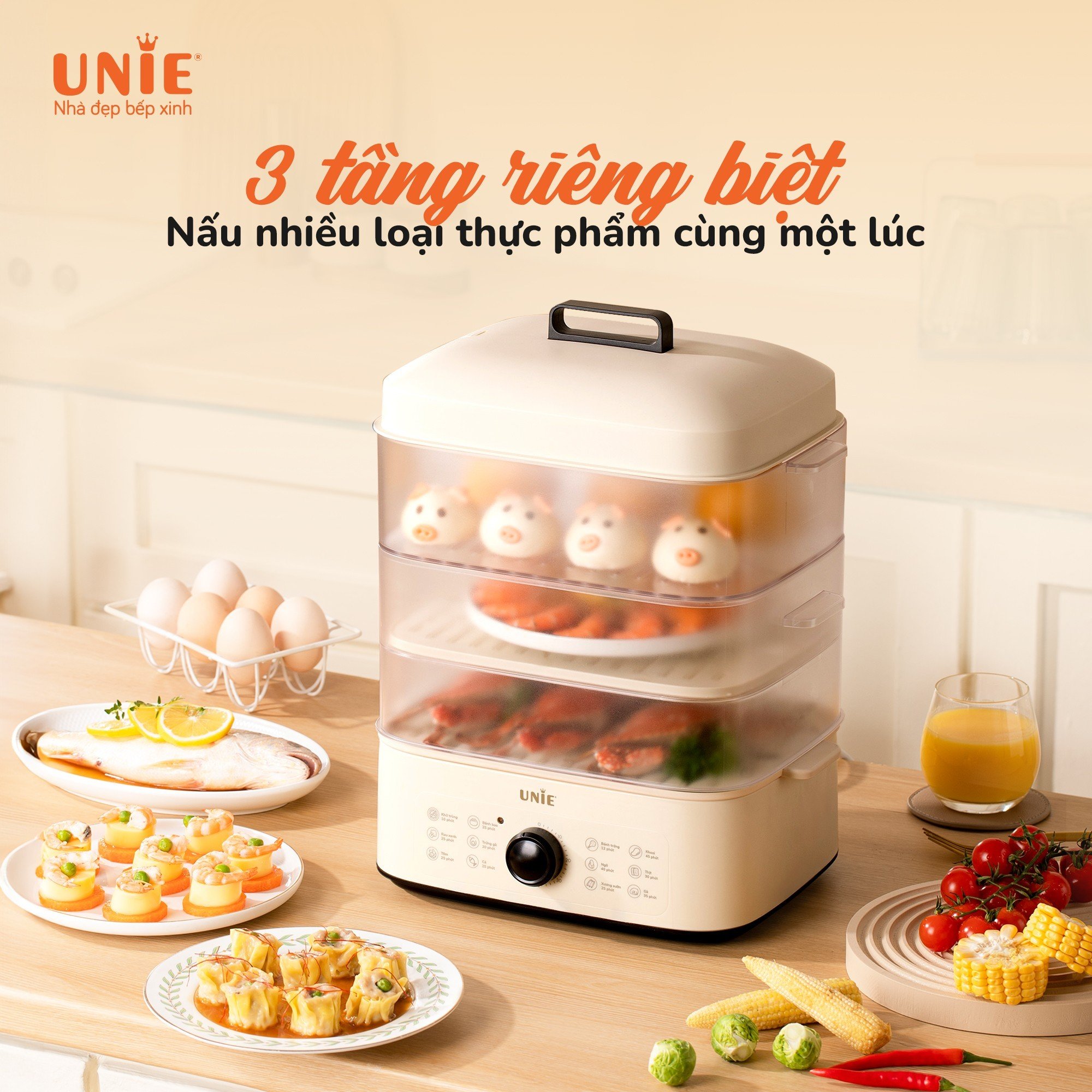 Nồi hấp Unie UE560 3 tầng, dung tích 18L - Hàng chính hãng