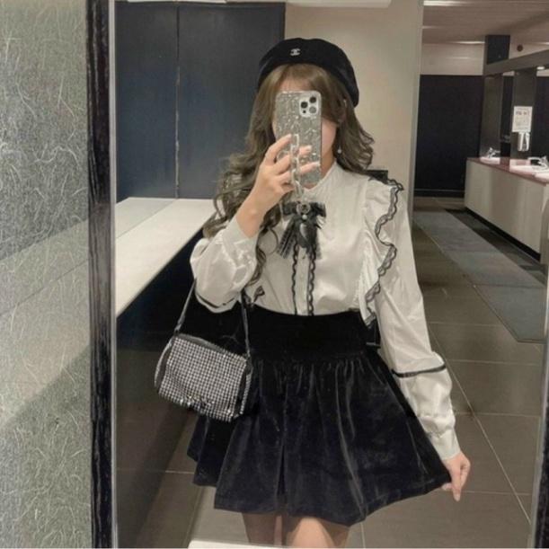 Áo sơ mi phối viền ren phối nơ_500 babydoll bánh bèo mầu trắng