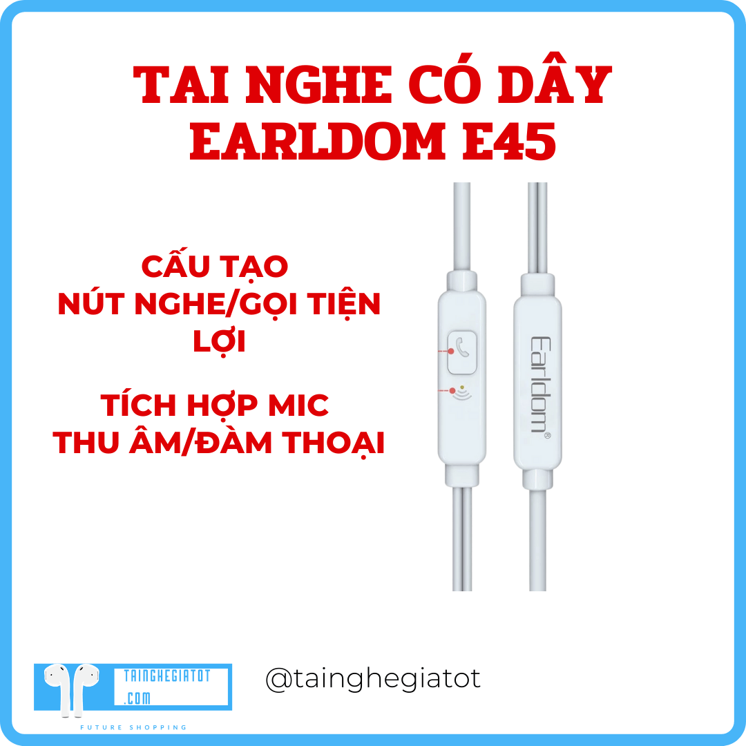 Tai nghe nhét tai có dây Earldom E45 jack 3.5 chống ồn dây dài 120cm Hàng Chính Hãng