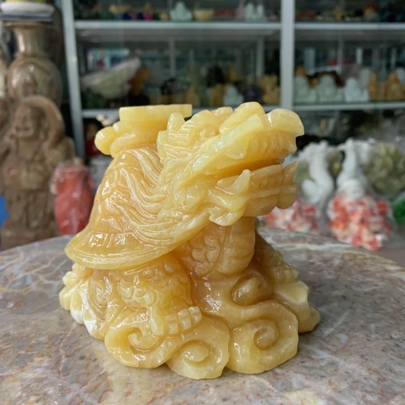 Tượng Long Quy cõng gậy như ý phong thủy đá ngọc hoàng long - Dài 15 cm