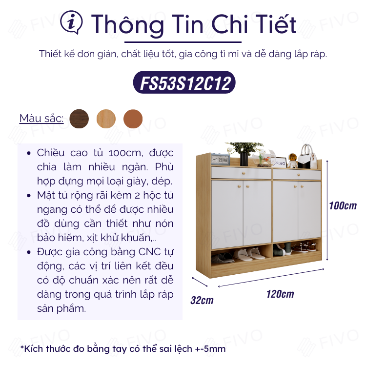 Tủ Giày Dép Gỗ Chống Ẩm FIVO FS53, Nhiều Ngăn Đựng Giày, Có Cửa Bảo Vệ Giày Dép Khỏi Bụi Bẩn, Côn Trùng Cắn Phá, Mặt Tủ Rộng Rãi Chứa Được Nhiều Đồ - Ngang 120cm
