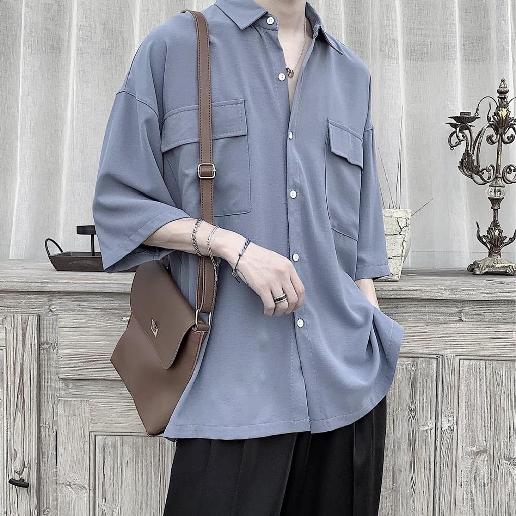 Áo sơ mi tay ngắn nam nữ unisex form rộng tay lỡ basic, chất vải đũi trơn Hàn cao cấp mịn, đi học đi chơi đi làm
