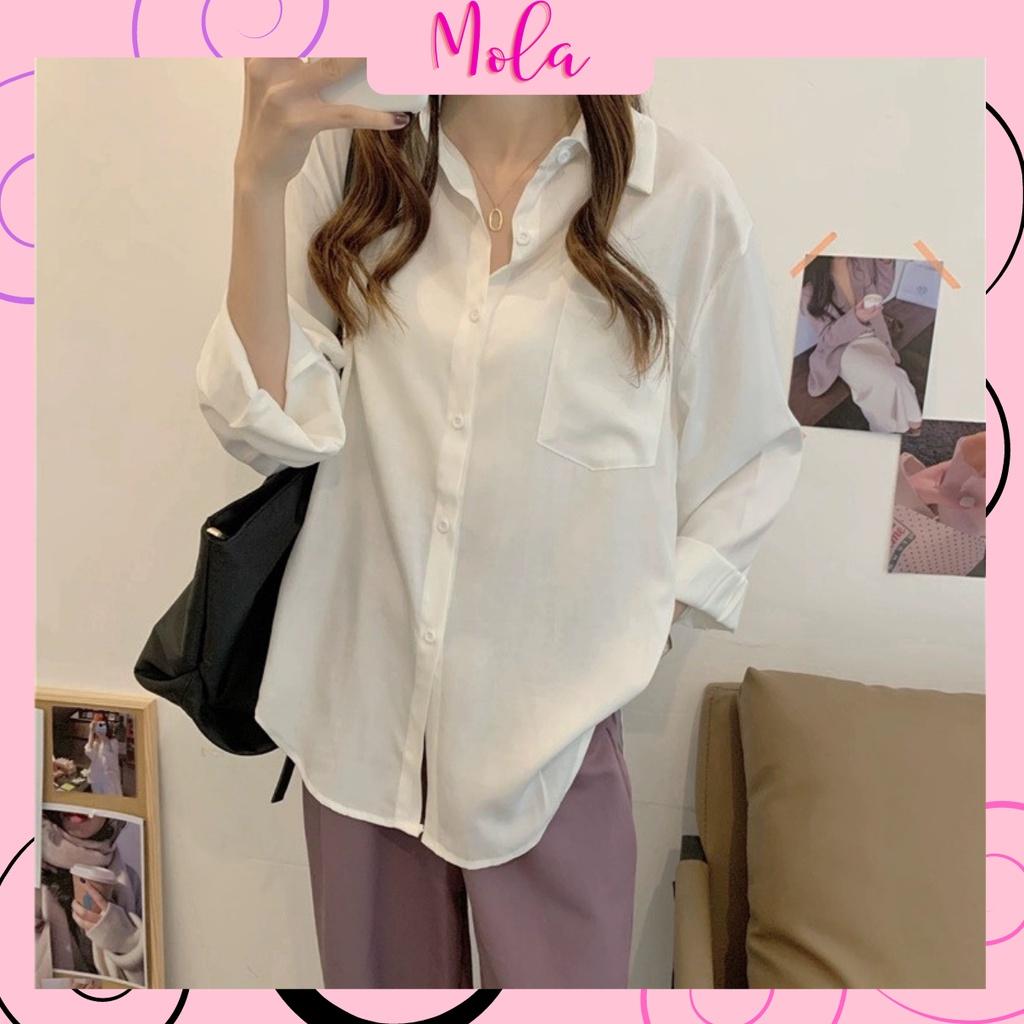Áo Sơ Mi Form Rộng MOLA Màu Trắng Dáng Dài 1 Túi Kiểu Hàn Quốc Vintage Ulzzang Tiểu Thư Bánh Bèo Chất Đũi