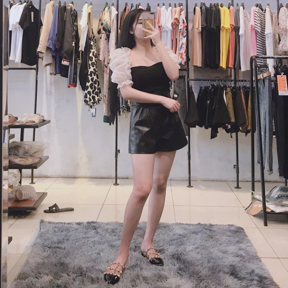 Áo len ôm tay bồng voan trắng cổ vuông bánh bèo tiểu thư